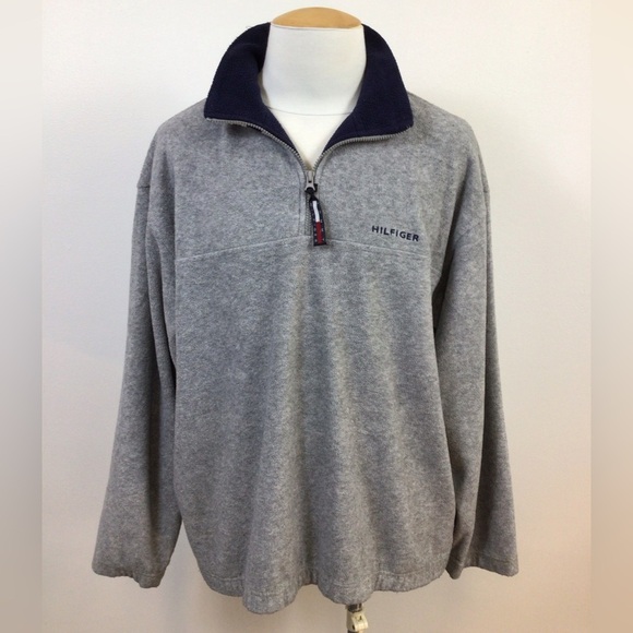 VTG Tommy Hilfiger Fleece Pullover Mens XL 1/4 Zip Spell Out Flag Pockets, sz LG - Picture 1 of 16